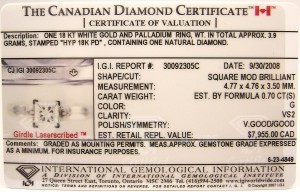 e9191 0.70ct. VS2-G Canadian diamond certificate