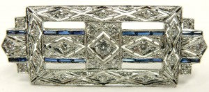 e9379 Art Deco platinum 18kt. diamond and sapphire brooch