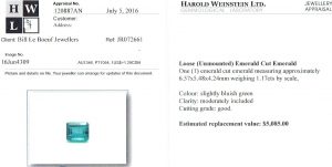 e9862 1.17 carat emerald Harold Weinstein appraisal
