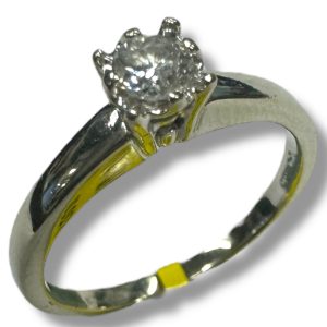 Estate Diamond Engagement Ring 
10 Karat White Estate Engagement Ring 
Finger Size 5.5 Gram Weight 2.12 
1 Center Diamond 0.16ct Shape: Round; Clarity: I2; Colour: H 0.16