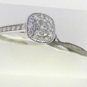 Diamond Engagement Ring 
10 Karat White Engagement Ring 0.75twt
Finger Size 6 
1 Center Diamond 0.40ct Shape: Round CAD Dia With 12 Round Diamonds 0.18 ctw and 14 Round Diamonds 0.17 ctw 0.75