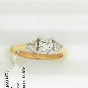 Diamond Engagement Ring 
14 Karat Yellow/White Engagement Ring 0.5twt
Finger Size 5.5 Gram Weight 2.9gram weight 
1 Center Diamond 0.29ct Shape: Round With 2 Trillian Diamonds 0.21 ctw 0.5