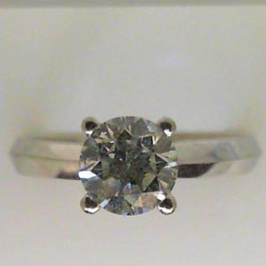 Estate Diamond Engagement Ring 
14 Karat White Estate Engagement Ring Width 3.1mm 
Finger Size 8 Gram Weight 4.1 
1 Center Diamond 1.15ct Shape: Round; Clarity: I2; Colour: I 1.15