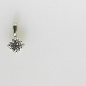 Diamond Pendant/Necklace 
14 Karat White Diamond Pendant 
 Chain Style: No Chain 
1 Center Diamond 0.58ct Shape: Round; Clarity: VS; Colour: J 0.58