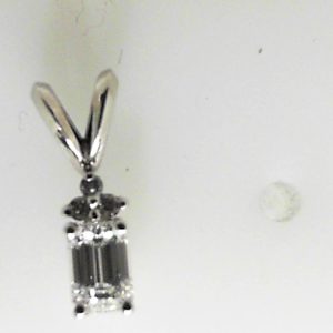 Diamond Pendant/Necklace 
14 Karat White Diamond Pendant 
 Chain Style: No Chain 
1 Center Diamond 0.38ct Shape: Emerald; Clarity: VS1; Colour: G/H With 3 Round Diamonds 0.01 ctw 0.39