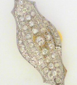 Estate Pins and Brooches
18 Karat White Estate Pin/Brooch Gram Weight: 9.2
35 Diamonds 2.78tw Shape: Rose Cut Clarity: I1 Colour: L