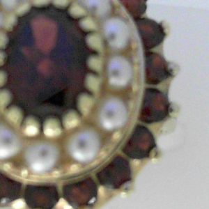 Garnet Ring
14 Karat Yellow Garnet Ring With Finger Size 6.25
Width 1.8mm Gram Weight 7.08
1 Center Garnet Shape: Oval With 18 Round Garnets and 12 Round Pearls