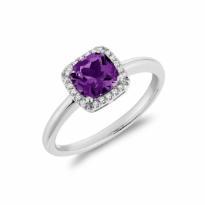 Amethyst Ring 
14 Karat White Amethyst Ring With Finger Size 6.5 
Width 1.93mm Gram Weight 3.74 
1 Center Amethyst 0.83ct Shape: Cushion With 20 Round Diamonds 0.08 ctw