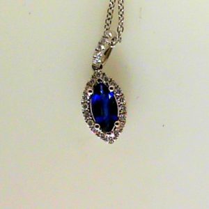 Sapphire Pendant
18 Karat White Sapphire Pendant
1 Center Sapphire 0.48ct Shape: Marquise With 22 Round Diamonds 0.11 ctw