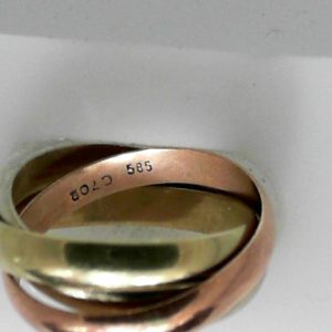 Rose/White/Yellow 14 Karat Polished Rolling Ring Estate Ring
Size: 6.75
Gram Weight 5.05 gr