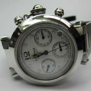 Cartier Chronograph
Vendor Style #: Cartier Pasha 2412
36.5 StainlessSteel Bracelet
Dial:White
Box Included/Papers Not Included
Condition
1 Year Warranty