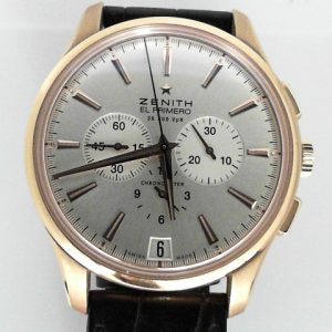 Gents Estate Watch - Misc Zenith Chronograph 2011
Vendor Style #: Zenith Captain Chronograph 18.2110.400 121.838
42 18 Karat Strap 
Dial:Silver
Box Included/Papers Included
Condition El Primero Mvmt. Alligator Strap.
1 Year Warranty