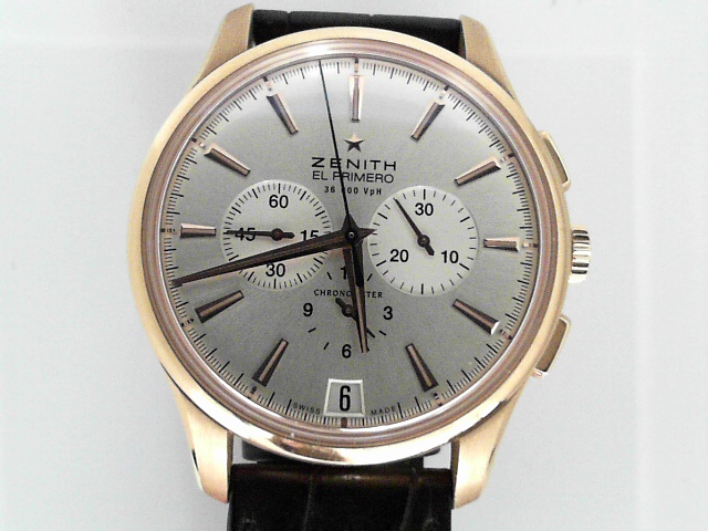 Gents Estate Watch - Misc Zenith Chronograph 2011
Vendor Style #: Zenith Captain Chronograph 18.2110.400 121.838
42 18 Karat Strap
Dial:Silver
Box Included/Papers Included
Condition El Primero Mvmt. Alligator Strap.
1 Year Warranty