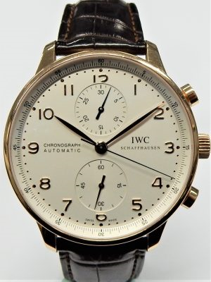Gents IWC Portugese chronograph on strap with box and papers, extra strap. IW371480 SN 3603277
Gents Estate Watch - Misc IWC Dress
Vendor Style #: IW371480 3603277
18 Karat Strap
Dial:
Box Included/Papers Included
Condition
1 Year Warranty