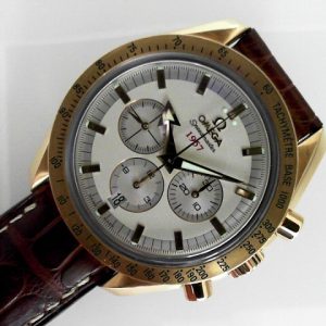 42.2mm Omega 1957 Broad Arrow Speedmaster 18kt. yellow 127.0gr. silver dial on brown crocodile strap 321.53.42.50.02.001 SN 78356970 no box or papers