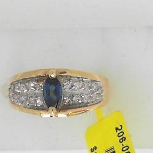 Sapphire Estate Ring 
14 Karat Yellow Sapphire Ring With Finger Size 6 
 Gram Weight 5.28 
1 Center Sapphire Shape: Marquise With 18 Round Diamonds 0.25 ctw