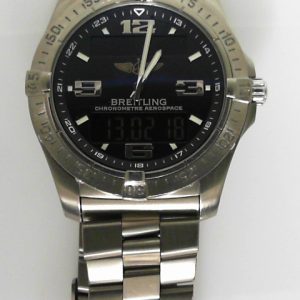 Estate Breitling Complicated Year: 2011
Vendor Style #: 001-19932-004 E79362 AEROSPACE SN: 1049211 
42mm Titanium
Dial: Black 
Box Included/Papers Included
Condition Very Good
1 Year Warranty