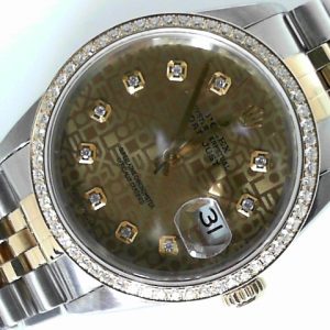 Estate Rolex Dress Year: 1989
Vendor Style #: 16233 Custom bezel and dial SN: L369253 Jubilee
36mm 18K/Stainless Steel
Dial: Champagne diamond custom 
Box Not Included/Papers Not Included
Condition Good
1 Year Warranty