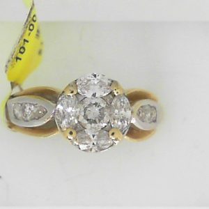 Estate Diamond Engagement Ring 
14 Karat Yellow/White Estate Engagement Ring Width 2.8mm 
Finger Size 6 Gram Weight 4.1 
11 Center Diamonds Shape: Various Shapes; Clarity: I1; Colour: I/J 0.75