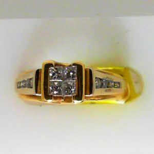 Estate Diamond Engagement Ring 
14 Karat Yellow/White Estate Engagement Ring Width 3mm 
Finger Size 4 Gram Weight 4.4 
4 Center Diamonds Shape: Princess; Clarity: I1; Colour: G/H With 8 Round Diamonds 0.25 ctw Various Shapes Diamond 0.50 ctw 1