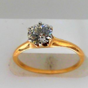 Estate Diamond Engagement Ring 
14 Karat Yellow Estate Engagement Ring 
Finger Size 6.5 Gram Weight 1.8 
1 Center Diamond 0.75ct Shape: EURO Cut; Clarity: VS; Colour: J 0.75