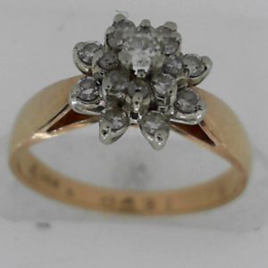 Estate Diamond Dinner Ring - Women's 
14 Karat Yellow Estate Dinner Ring 
Finger Size 6 Gram Weight 2.36 
17 Center Diamonds Shape: Round; Clarity: SI; Colour: K 0.2