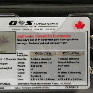 Estate Diamond Earrings 
14 Karat White Estate Diamond Earrings 
Gram Weight 0.6 
1 Center Canadian Diamond 0.28ct Shape: Round; Clarity: I2; Colour: F With 1 Round Canadian Diamond 0.27 ctw 0.55