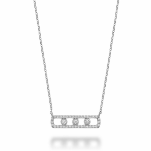 Diamond Pendant/Necklace 
14 Karat White Diamond Pendant 
 Chain Style: Cable Link 14 Karat White Length: 18in 
3 Center Diamonds Shape: Round With 36 Round Diamonds 0.18 ctw 0.25