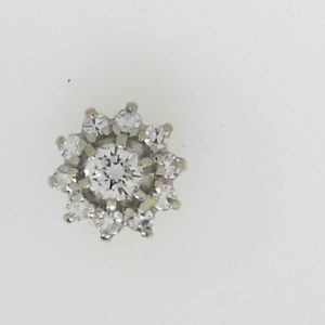 Estate Diamond Pendant/Necklace 
14 Karat White Estate Diamond Pendant 
Gram Weight 0.91 Chain Style: No Chain 
1 Center Diamond 0.23ct Shape: Round; Clarity: SI; Colour: F/G With 10 Round Diamonds 0.15 ctw 0.38