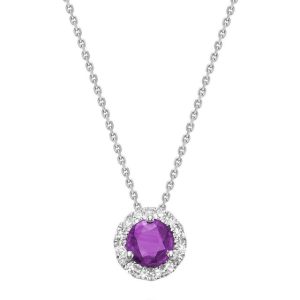 Amethyst Pendant 
14 Karat White Amethyst Pendant 
 Chain Style: Cable Link 14 Karat White Length: 17in 
1 Center Amethyst 0.39ct Shape: Round With 15 Round Diamonds 0.08 ctw