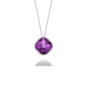 Amethyst Pendant 
14 Karat White Amethyst Pendant 
 Chain Style: Cable Link 14 Karat White Length: 18in 
1 Center Amethyst 4.67ct Shape: Cushion With 35 Round Diamonds 0.20 ctw