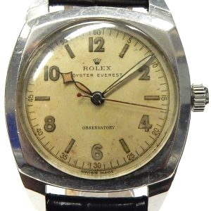 Estate Rolex Dress Year: 1948
Vendor Style #: 4647 Everest Observatory Everest Observtory 17j jewel SN: 555429 Strap
31mm StainlessSteel
Dial: Parchment 
Box Not Included/Papers Not Included
Condition Fair
1 Year Warranty