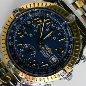 Estate Breitling Chronograph Year: 1998
Vendor Style #: D13350 Chronomat SN: 18951 
39mm 18K/Stainless Steel
Dial: Blue Arabic 
Box Included/Papers Included
Condition Very good
1 Year Warranty