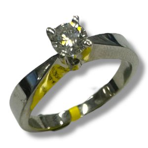 Estate Diamond Engagement Ring 
14 Karat White Estate Engagement Ring 
Finger Size 5.75 Gram Weight 3 
1 Center Diamond 0.23ct Shape: Round; Clarity: I2; Colour: J 0.23