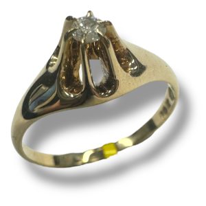 Estate Diamond Engagement Ring 
14 Karat Yellow Estate Engagement Ring 
Finger Size 7.25 Gram Weight 2.3 
1 Center Diamond 0.07ct Shape: Round; Clarity: I2; Colour: I 0.07