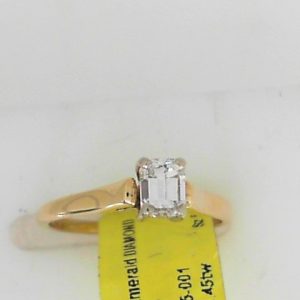 Estate Diamond Engagement Ring 
14 Karat Yellow/White Estate Engagement Ring 
Finger Size 5.5 Gram Weight 1.92 
1 Center Diamond 0.45ct Shape: Emerald; Clarity: VS1; Colour: H 0.45