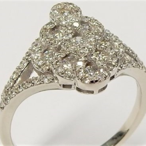 Estate Diamond Dinner Ring - Women's 
10 Karat White Estate Dinner Ring Width 1.65mm 
Finger Size 6.25 Gram Weight 2.85 
77 Center Diamonds Shape: Round 0.6