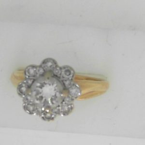 Estate Diamond Dinner Ring - Women's 
18 Karat Yellow/White Estate Dinner Ring 
Finger Size 8.5 Gram Weight 6.2 
1 Center Diamond; 0.72ct Shape: Round; Clarity: SI2; Colour: I With 16 Round Diamonds 0.33 ctw 1.05