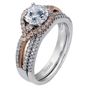 Diamond Semi-Mount Ring 
18 Karat Rose/White Ring 
Finger Size 7 
 Center Diamond Shape: Round; Clarity: VS1; Colour: F/G Round Diamond 0.10 ctw 0.51