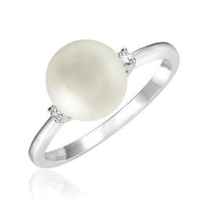 Pearl Ring 
14 Karat White Pearl Ring With Finger Size 6.75 
Width 1.8mm Gram Weight 2.35 
1 Center Pearl Shape: Round With 2 Round Diamonds