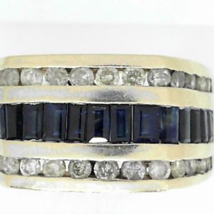 Sapphires Estate Ring 
14 Karat Yellow/White Blue Sapphires Ring With Finger Size 12.75 
 Gram Weight 16.4 
17 Center Sapphires Shape: Baguette; Colour: Blue With 30 Round Diamonds 1.50 ctw