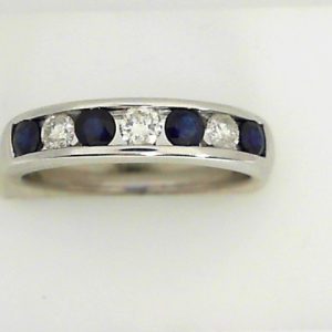 Sapphires Estate Ring 
14 Karat White Blue Sapphires Ring With Finger Size 6 
Width 3mm Gram Weight 2.7 
4 Center Sapphires Shape: Round; Colour: Blue With 3 Round Diamonds 0.20 ctw