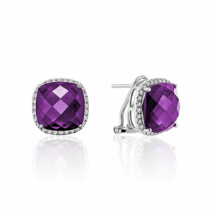 Earrings with Amethysts 
14 Karat White Amethysts Earrings 
 Gram Weight 6.76 
2 Center Amethysts Shape: Cushion With 72 Round Diamonds 0.39 ctw