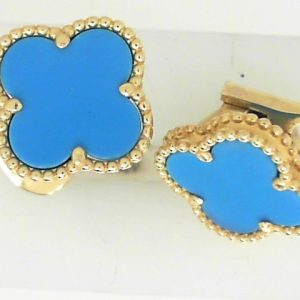 Earrings with Turquoises 
14 Karat Yellow Turquoises Earrings 
 Gram Weight 5.81 
2 Center Turquoises Shape: Various Shapes