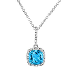 Topaz Pendant 
14 Karat White Blue Topaz Pendant 
 Chain Style: Cable Link 14 Karat White Length: 18in 
1 Center Topaz Shape: Cushion; Colour: Blue With 26 Round Diamonds 0.11 ctw