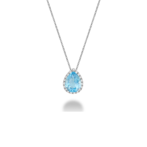 Diamonds Pendant 
10 Karat White Diamonds Pendant 
 Chain Style: Cable Link 10 Karat White 
16 Center Diamonds Shape: Round With 1 Pear Topaz