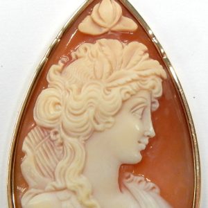 14 Karat Yellow Cameo Necklace
Gram Weight 5.18 Chain Style: Curb 18 Karat Yellow Length: 29in
Hand carved Cameo