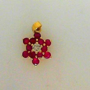 Rubies Estate Pendant 
14 Karat Yellow Rubies Pendant 
Gram Weight 1.15 Chain Style: No Chain 
12 Center Rubies Shape: Round With 1 Round Diamond