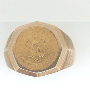 Yellow 10 Karat Polished Band Estate Coin Ring 
Mexican Gold Coin 90% gold
Size 10
Gram Weight 9.09 gr