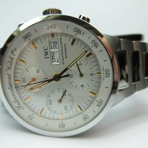 IWC Chronograph 
Vendor Style #: IWC 3707-013  GST
39.5 StainlessSteel Bracelet 
Dial: SIlver gold hash
Box Included/Papers Included
Condition Excellent 
1 Year Warranty
Factory Service April, 2019
